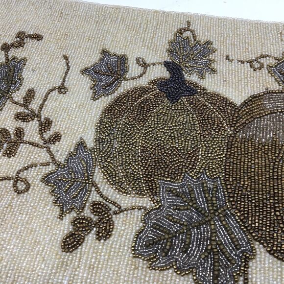 PIER 1 IMPORTS Beaded Table Runner Fall Autumn Thanksgiving 35”x13” Pumpkin Leaf - Picture 8 of 11